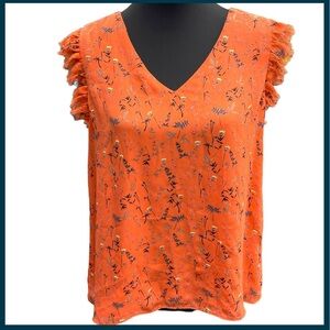 🌞Katherine Barclay Orange Floral V-Neck Sleeveless Fringe Top (L)